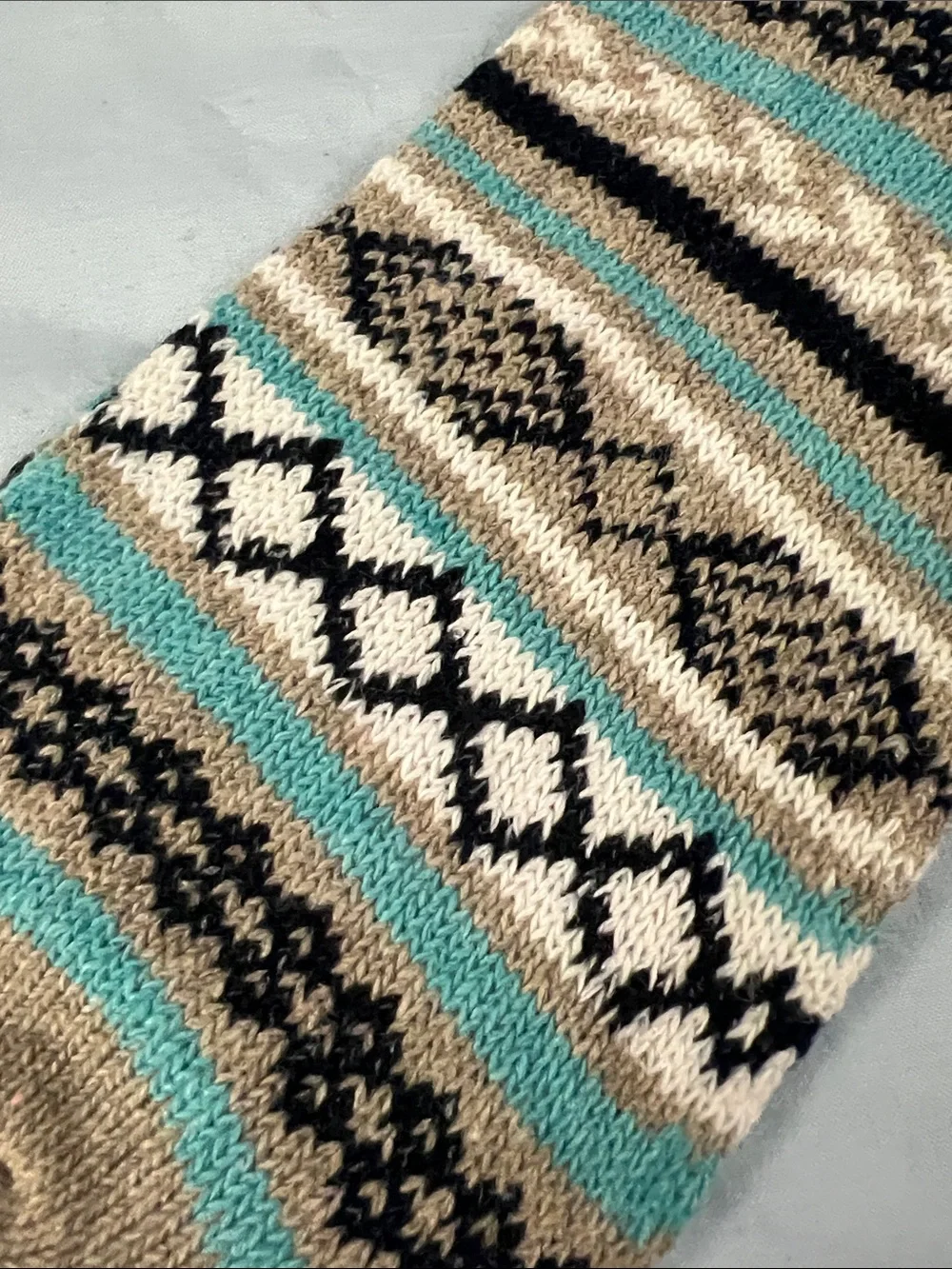 Vintage Patterned Wool Tall Crew Socks - Beige, Turquoise & Black